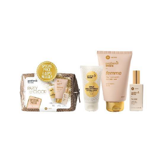 PANTHENOL Extra Πακέτο Party O’Clock Gold με Femme 3in1 Cleanser Καθαριστικό 200ml & Femme Eau de Toilette Γυναικείο Άρωμα 50ml & Gold Peel Off Mask Μάσκα Άμεσης Σύσφιξης 75ml & Δώρο Χρυσό Νεσεσέρ