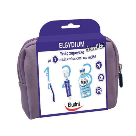EKGYDIUM Travel Kit Purple Antiplaque Οδοντόκρεμα 50ml & Eludril Intense 15ml Elgydium Pocket Οδοντόβουρτσα ταξιδίου Μωβ 1 Τεμάχιο