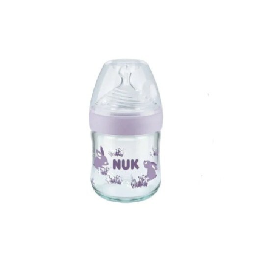 NUK Nature Sense Μπιμπερό Γυάλινο με Θηλή Σιλικόνης Μέγεθος S Temperature Control 0-6 μηνών 120ML – Μωβ