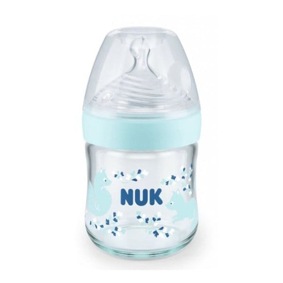 NUK Nature Sense Μπιμπερό Γυάλινο με Θηλή Σιλικόνης Μέγεθος S Temperature Control 0-6 μηνών 120ML – Γαλάζιο