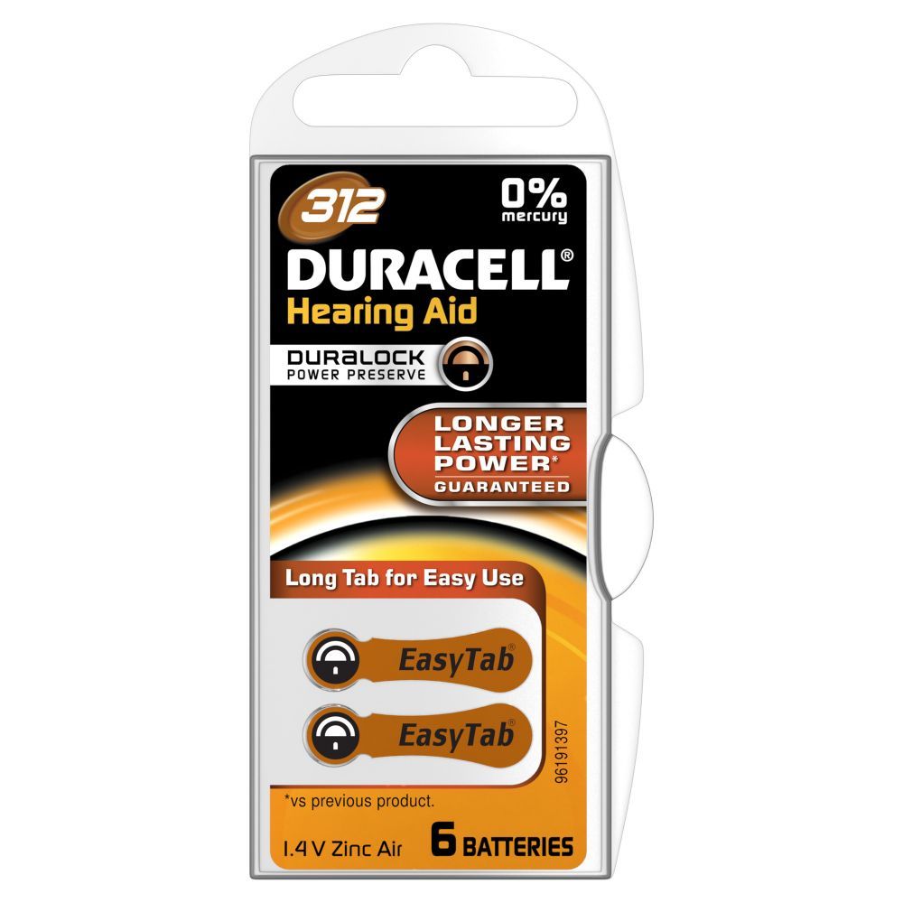 Duracell Hearing Aid Easy Tab 312 B6 - Μπαταρίες (6 Τεμάχια)