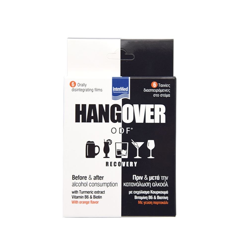 Intermed Hangover ODF® Recovery 6 Διασπειρώμενες Ταινίες Στο Στόμα Πριν και Μετά Την Κατανάλωση Αλκόολ Με Γεύση Πορτοκάλι
