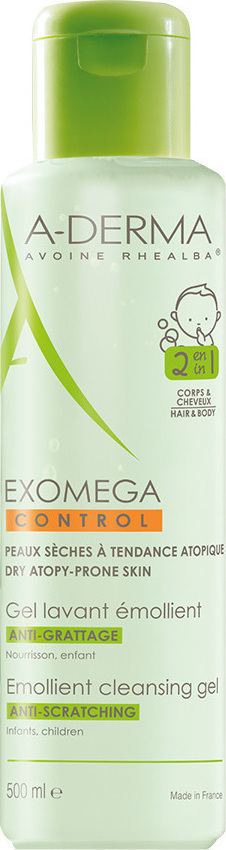 A-Derma Exomega Control Emollient Cleansing Gel 2in1 500ml - Τζελ Καθαρισμού Για Ατοπικό Δέρμα Για Σώμα και Μαλλιά