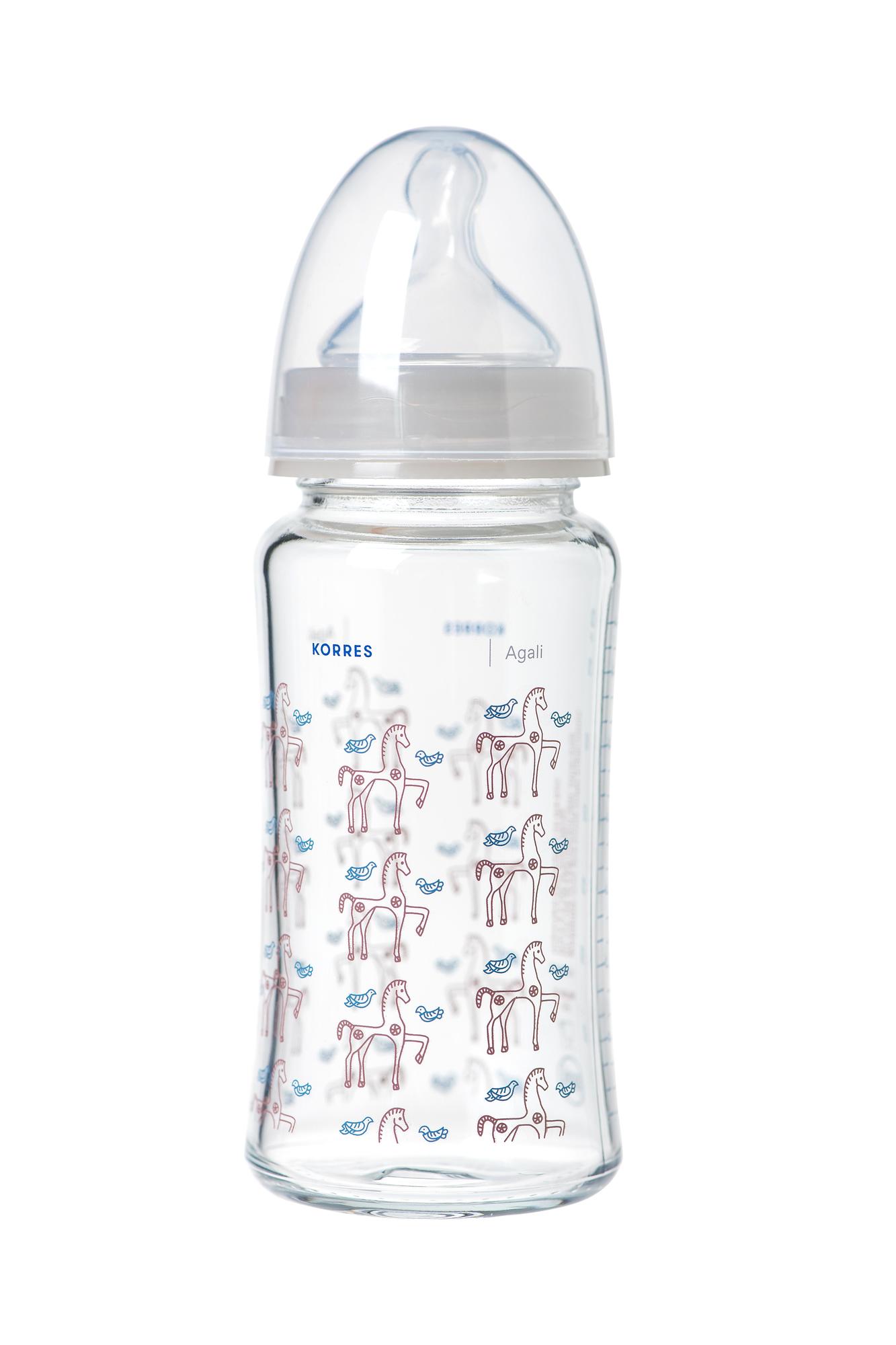 Korres Baby Feeding Bottle Agali 0m+ 230ml - Γυάλινο Μπιμπερό Με Θηλή Σιλικόνης Χαμηλής Ροής