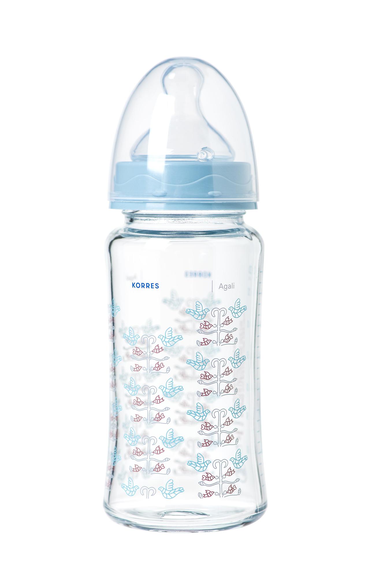 Korres Baby Feeding Bottle Agali 3m+ 230ml - Γυάλινο Μπιμπερό Με Θηλή Σιλικόνης Μεσαίας Ροής