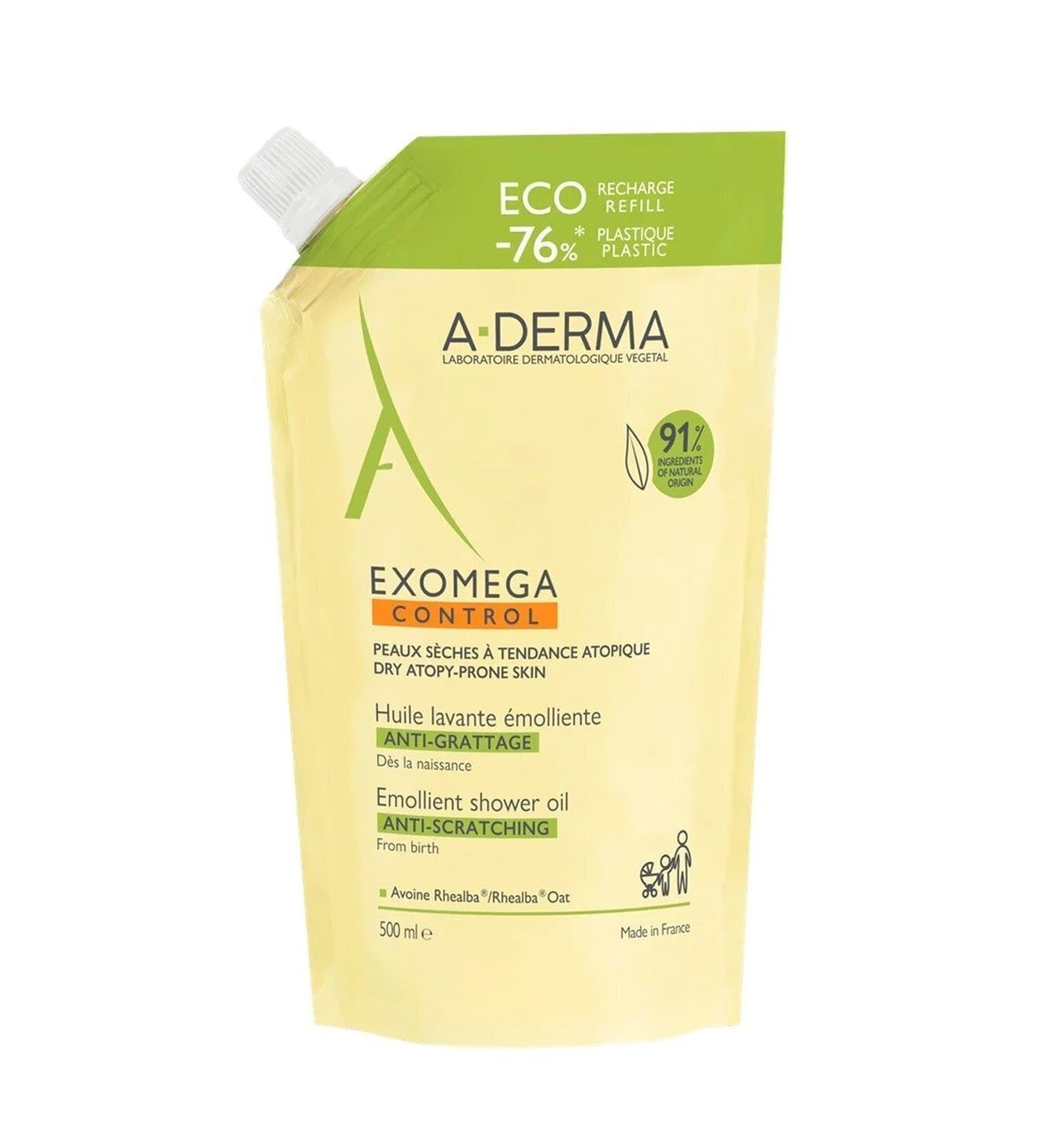 A-Derma Refill Exomega Control Emollient Shower Oil 500ml - Ανταλλακτικό Μαλακτικό Λάδι Καθαρισμού Προσώπου και Σώματος Για Ατοπικ