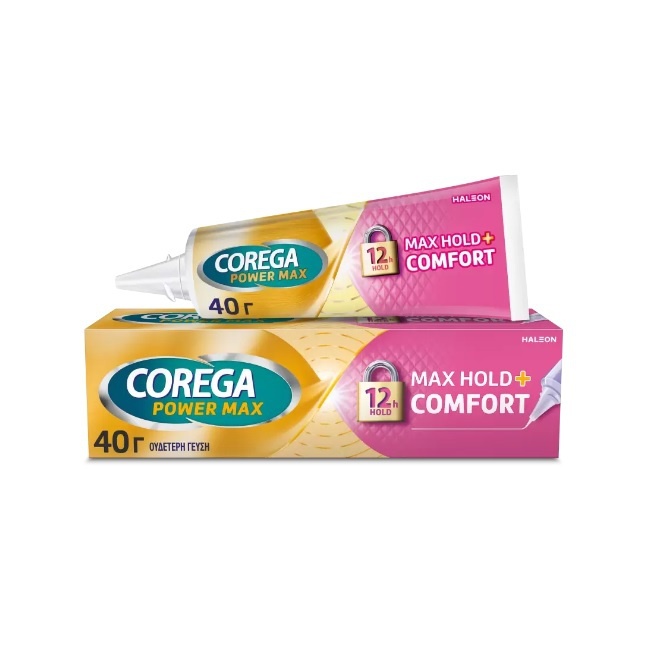 Corega Max Hold+Comfort 40gr - Στερεωτική Κρέμα Τεχνητής Οδοντοστοιχίας Για Εως Και 12 Ώρες Συγκράτησης -
